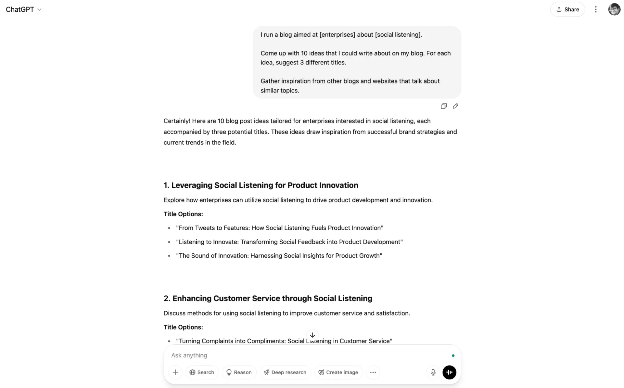 Title: Inserting image... - Description: ChatGPT dashboard with an output of article ideas for enterprises