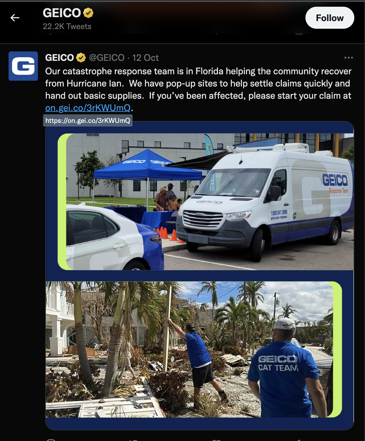 An image showing how Geico keeps its customers informed on Twitter.