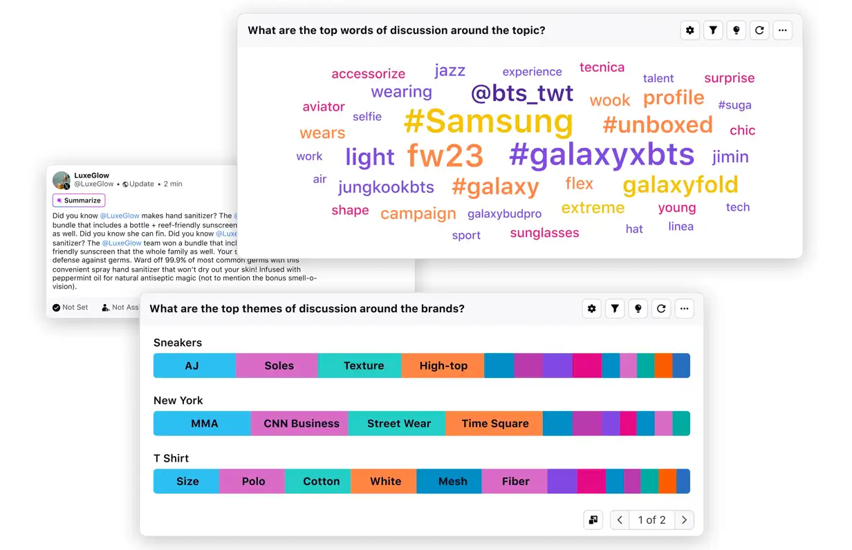 Sprinklr dashboards showing the top words of discussion around a topic and the top themes of discussion around brands