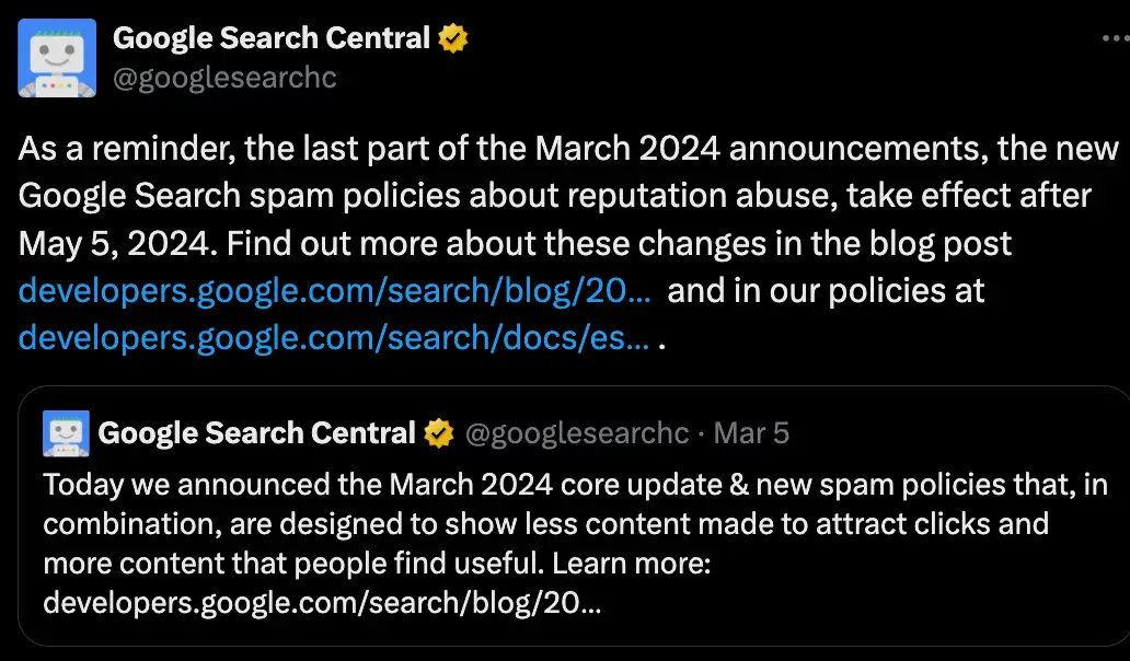 Google's X post on a policy update due to effective sentiment analysis.