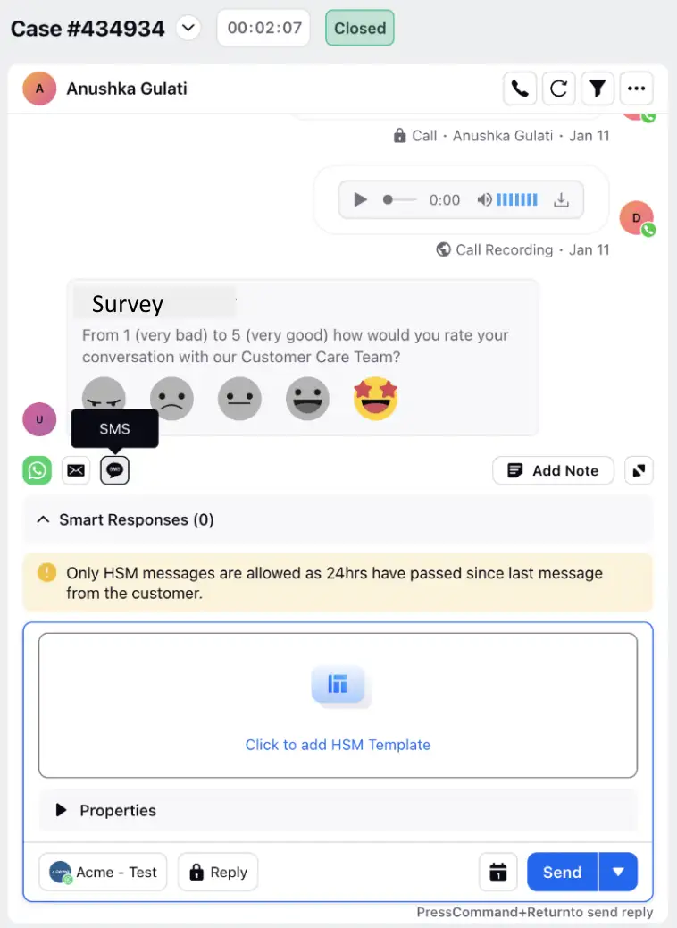 An image of the Sprinklr Agent Console showing the omnichannel functionality of customer support.