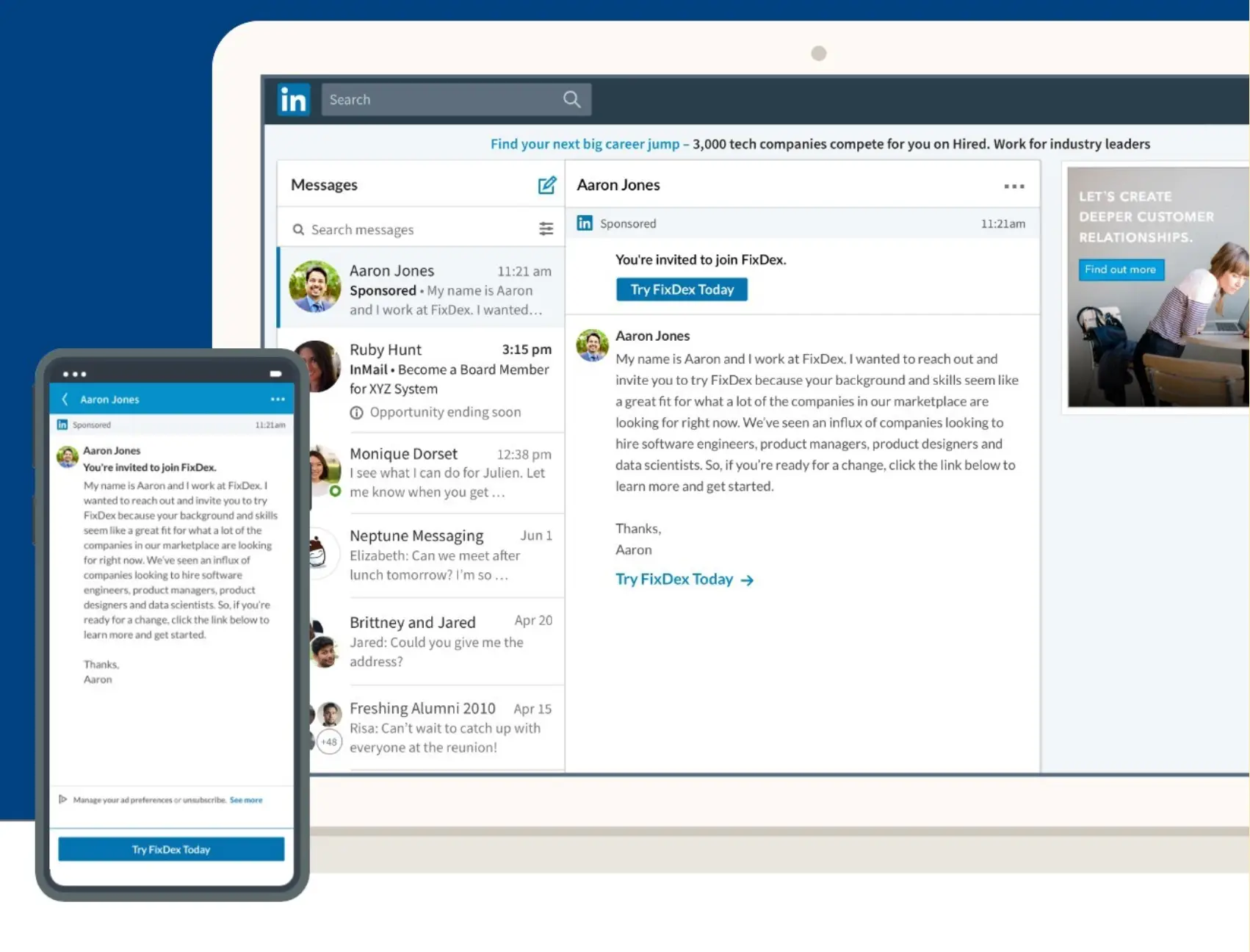 An image of a LinkedIn personal message with sponsored content