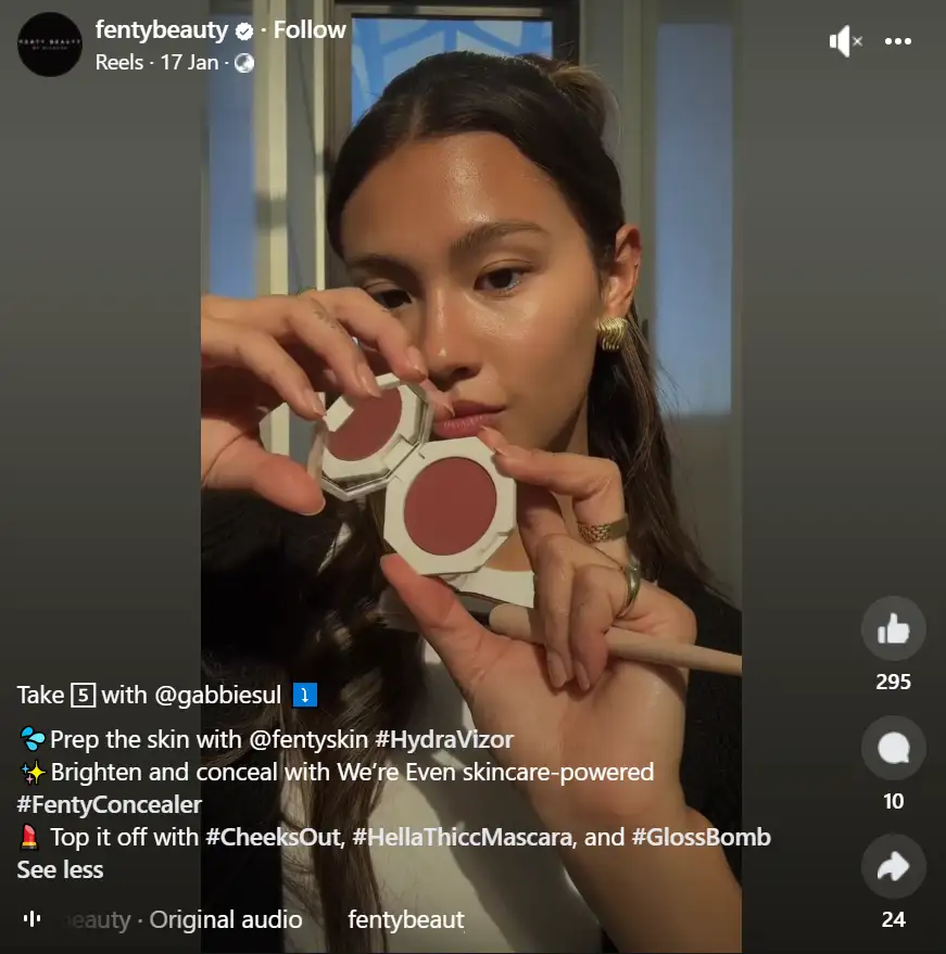 An influencer promoting Fenty beauty’s products from the brand’s collection. 