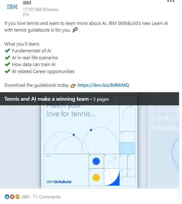 IBM frequently posts educational content on LinkedIn, such as guidebooks and research studies.