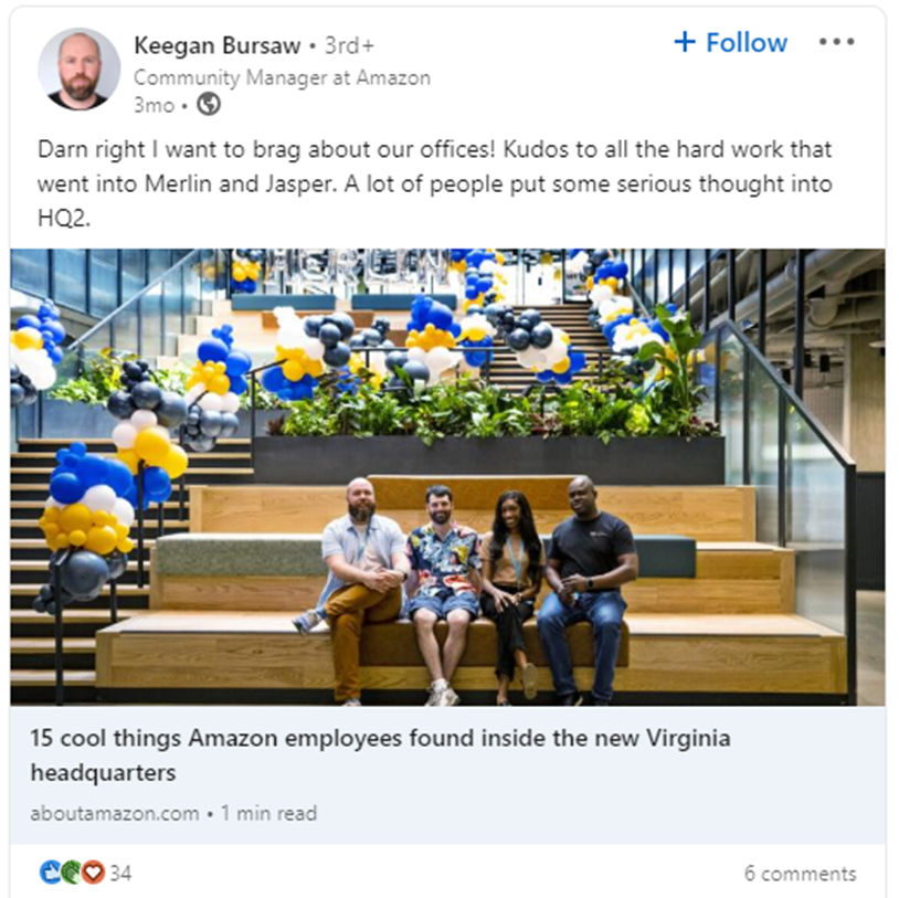 LinkedIn post by a community manager at Amazon