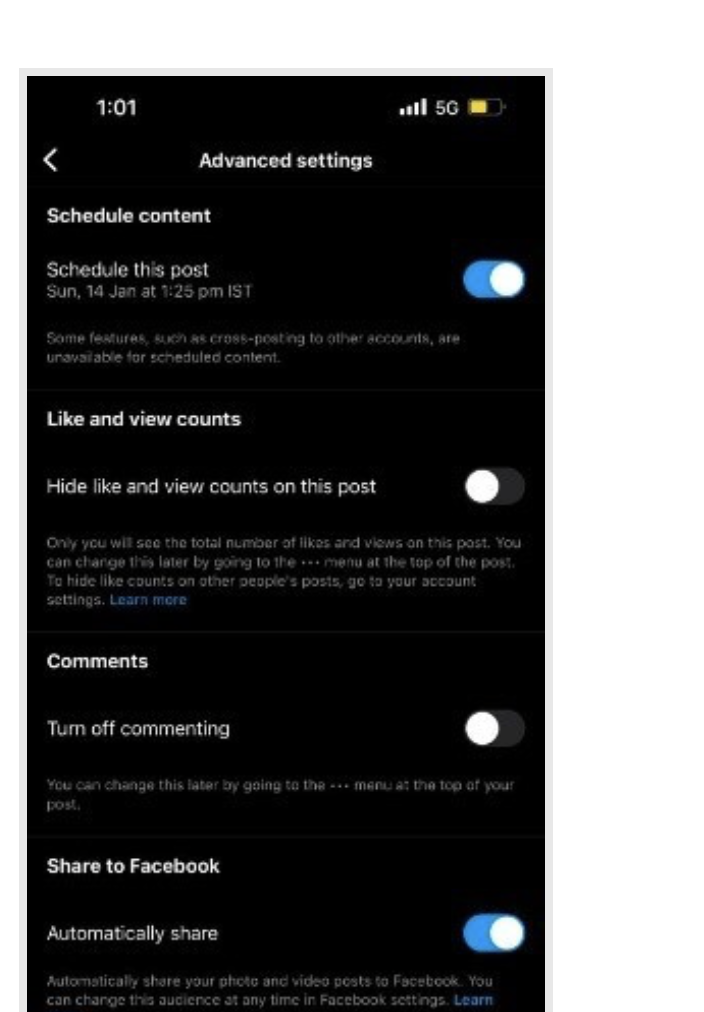 Instagram-s advanced settings page for posts