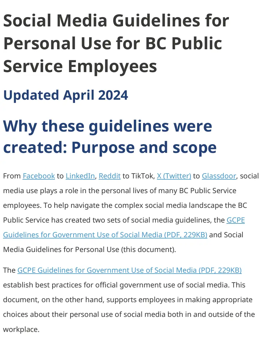 Social media guiding principles of the Government of British Columbia for personal use.