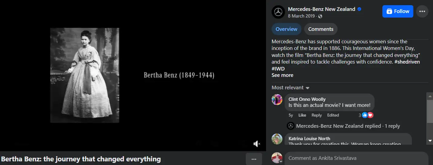 Mercedes-Benz’s post highlighting Bertha Benz's historic journey and inspiring confidence in women. 