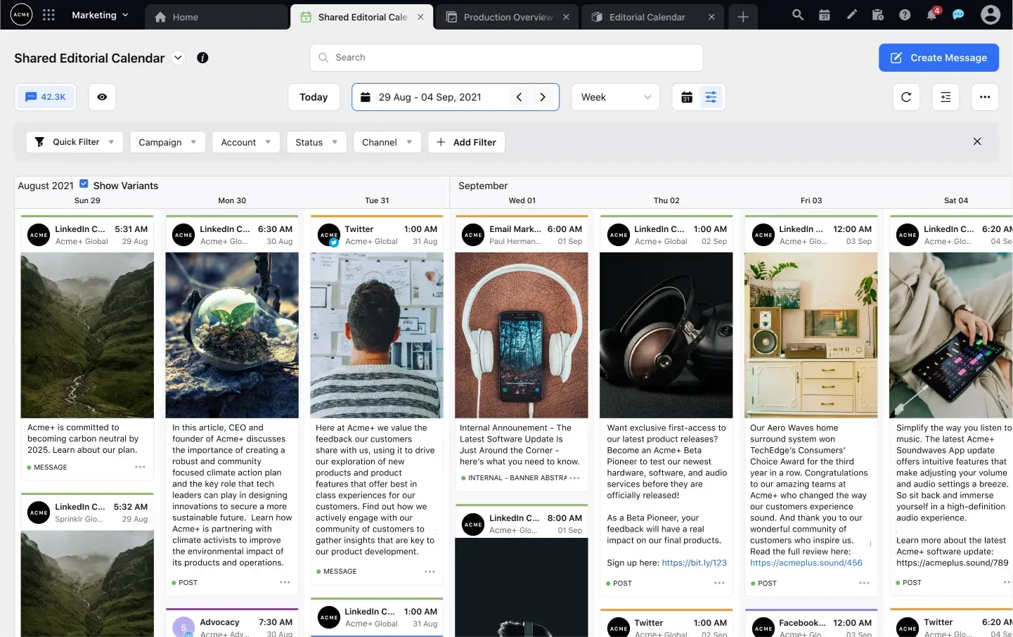 Sprinklr's Shared Content Calendar showing rows and columns of social media posts