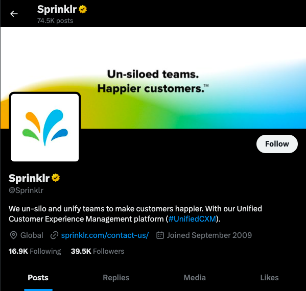 The verified social media account of Sprinklr on X