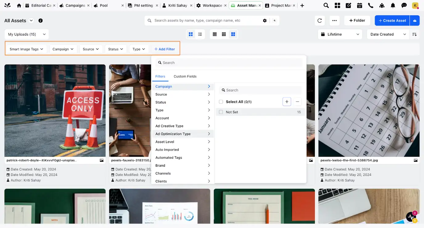 A user interface showing the Sprinklr Section Bar with Quick Filters applied to narrow down specific digital assets.