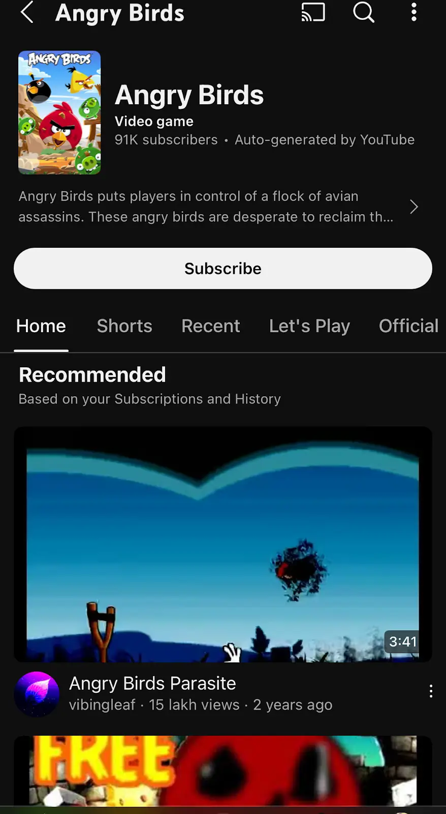 Angry Birds YouTube channel using Shorts for quick game clips and long-form videos