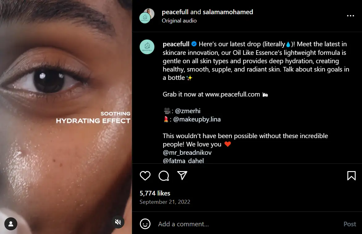 A collaboration post of beauty and lifestyle influencer Salama Mohamed on her profile 