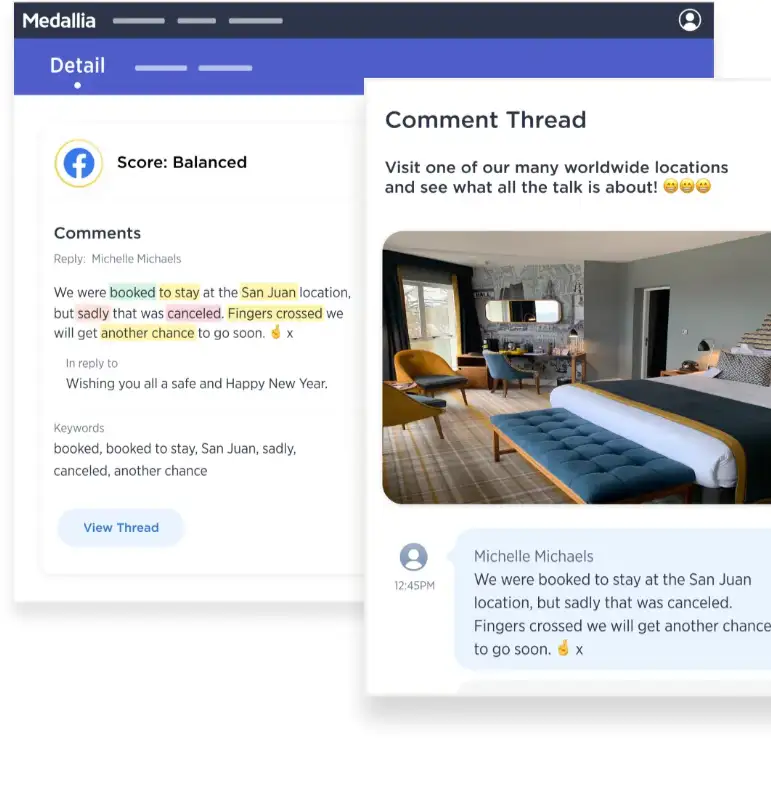 Voice and text analytics illustration with sentiment indicators.