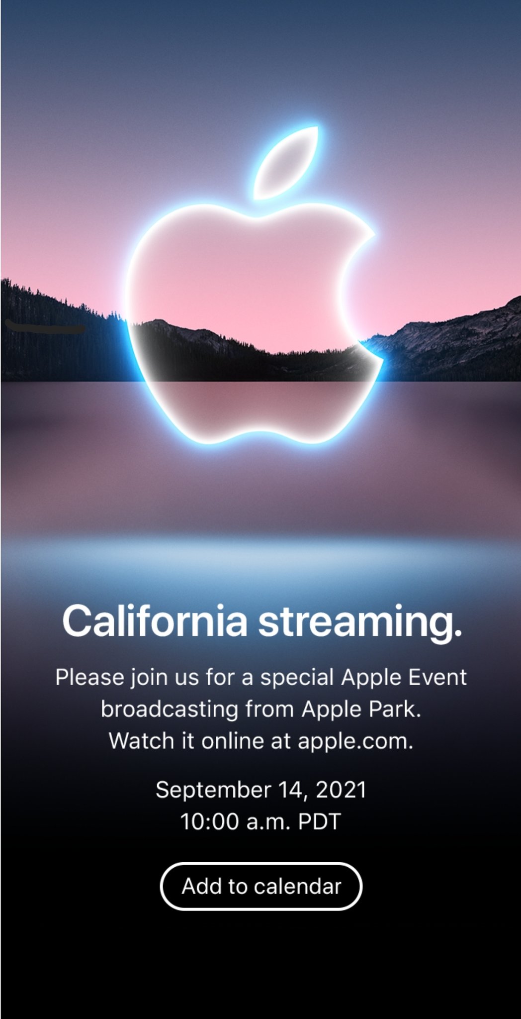 A clear and minimal promo of an Apple online streaming event
