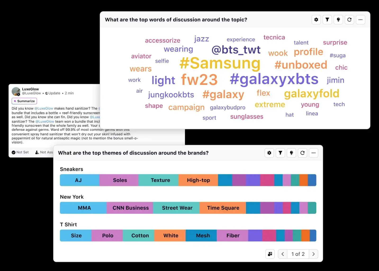 Sprinklr allows you to track top themes of discussion around the brand