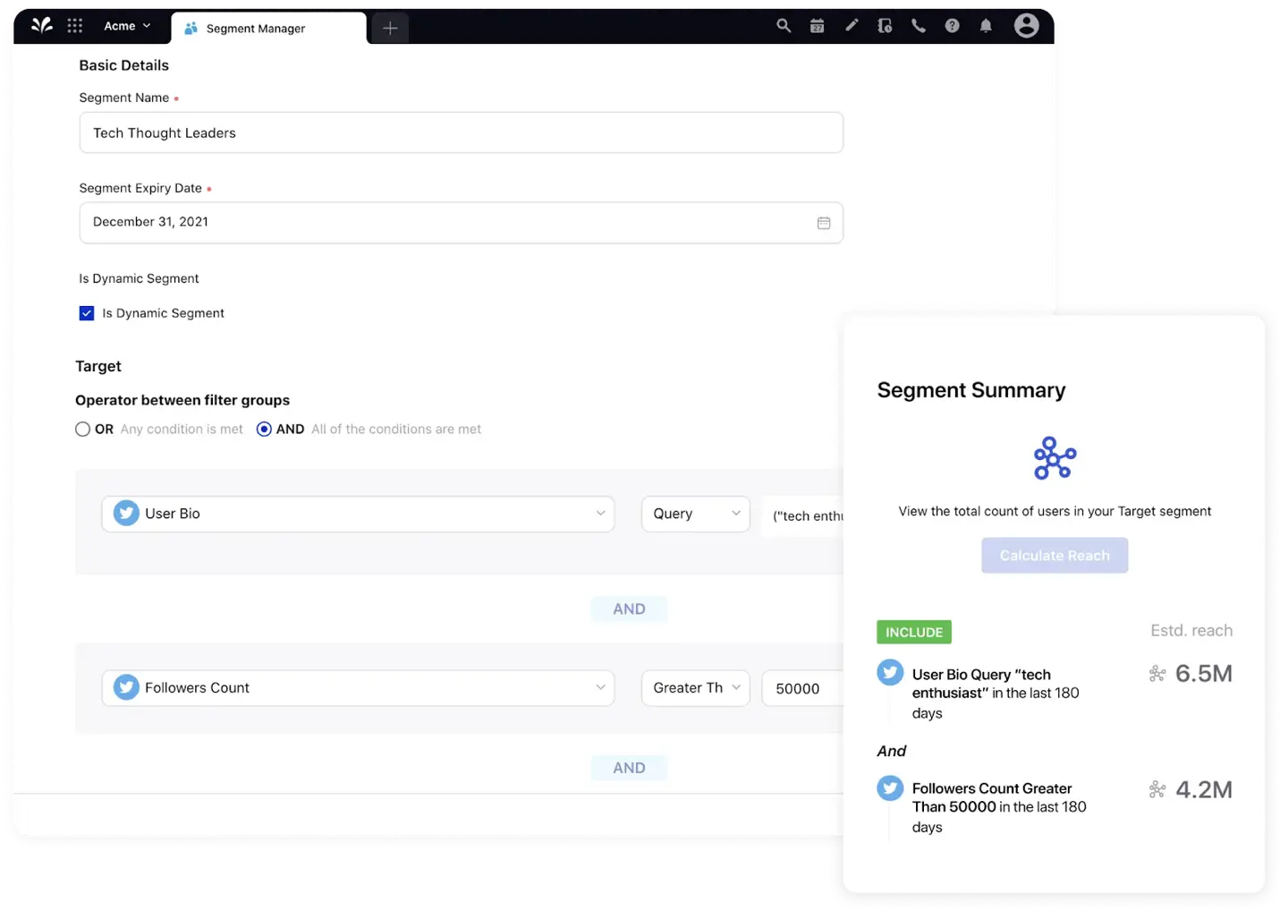 Sprinklr Insights dashboard showing customer data segmentation