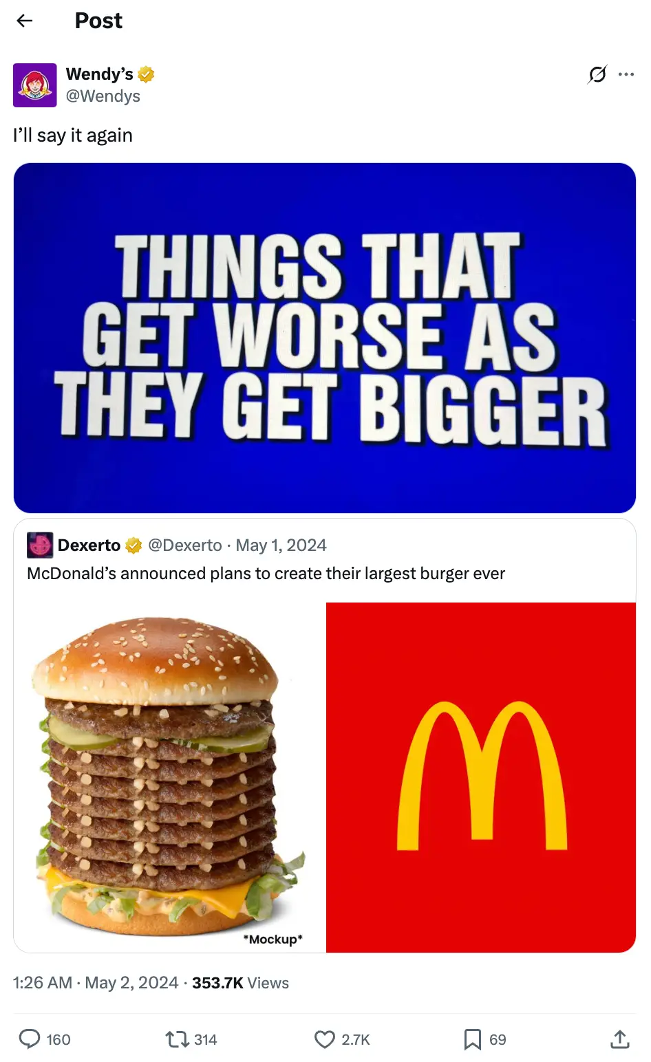 An image showing Wendy's indirect and witty pick on McDonald's 