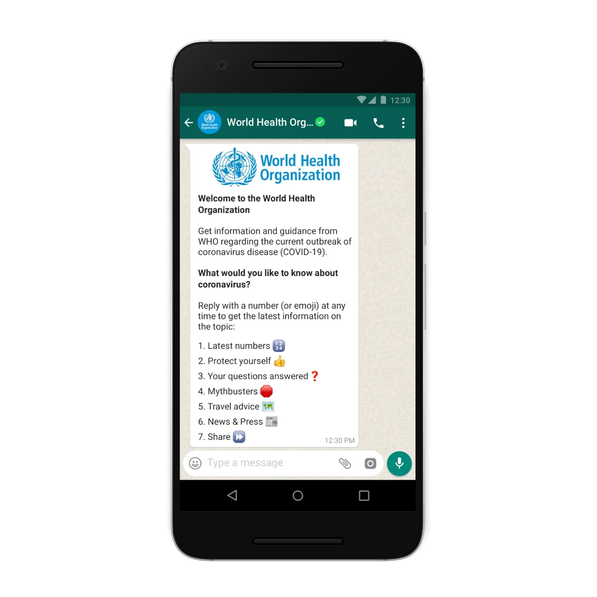  An image showing how WHO used Whatsapp chat bot to spread awareness about the pandemic