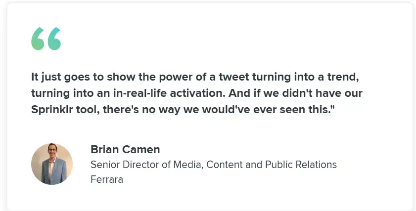 Screenshot of client testimonial quote by Brian Camen, Senior Director of Media, Content and Public Relations, Ferrara