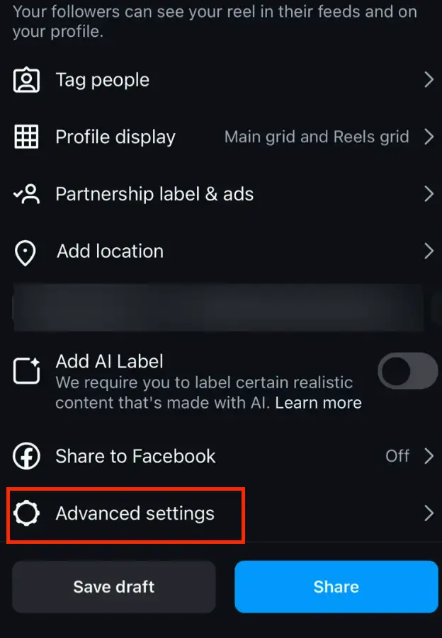 Advanced Settings to create Instagram Reel