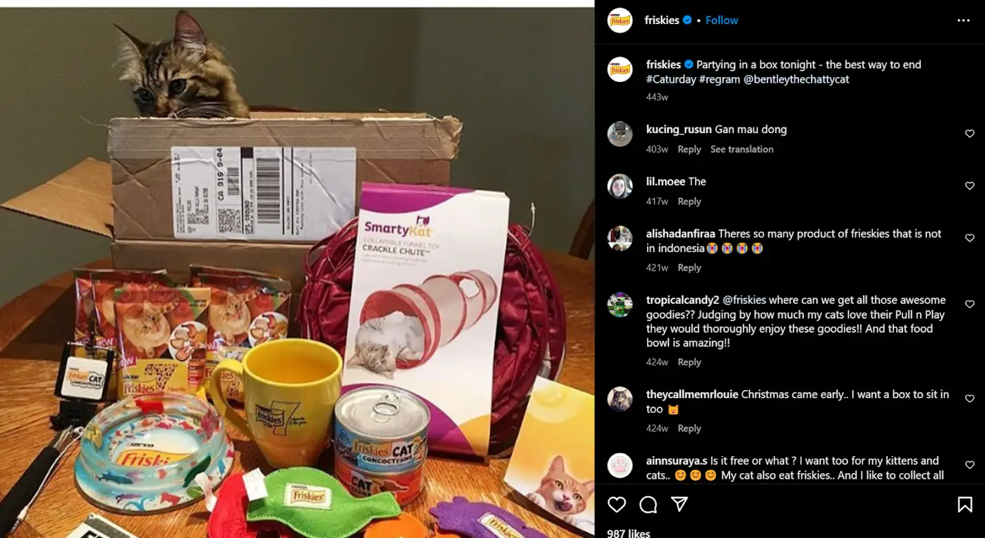 Friskies ORM strategy by highlighting positive UGC on their Instagram 