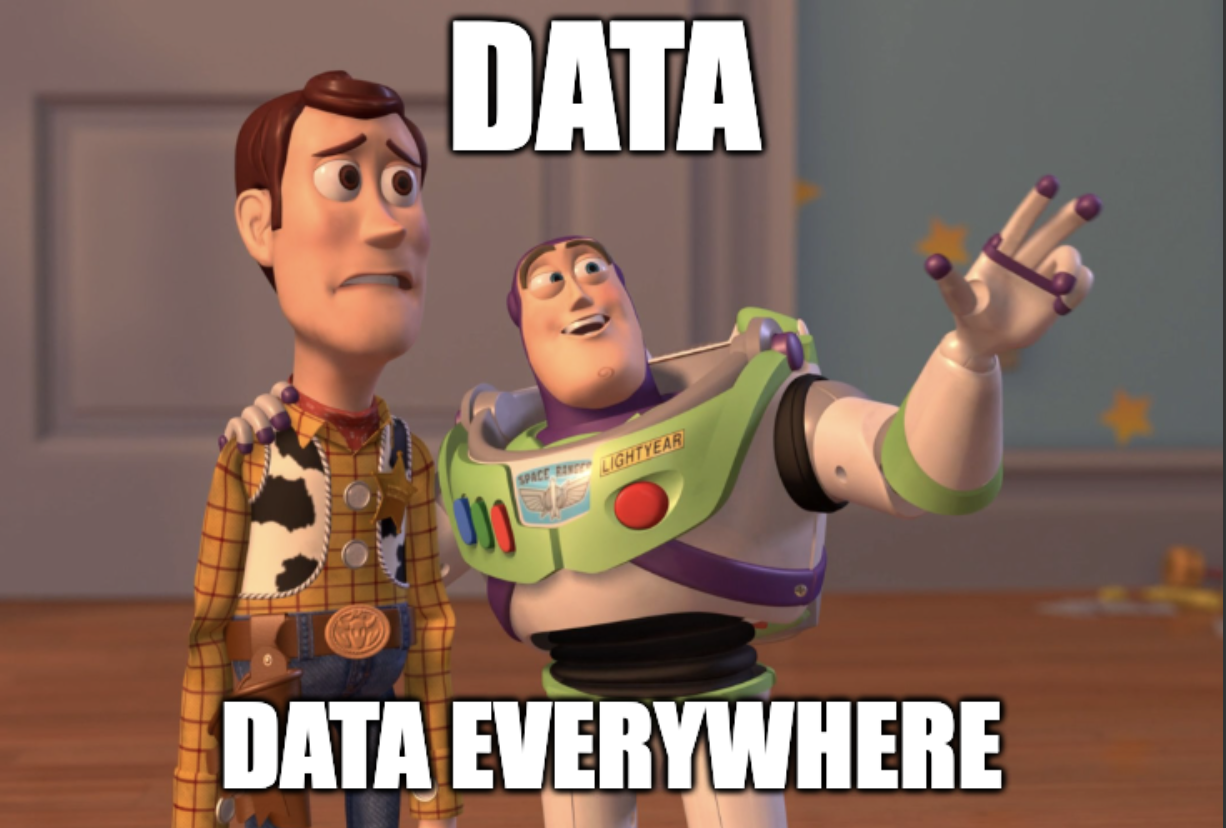 Buzz Lightyear telling Woody, 'Data, data everywhere,' while gesturing with his arm in the air