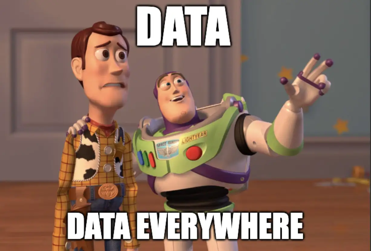 Buzz Lightyear telling Woody, 'Data, data everywhere,' while gesturing with his arm in the air