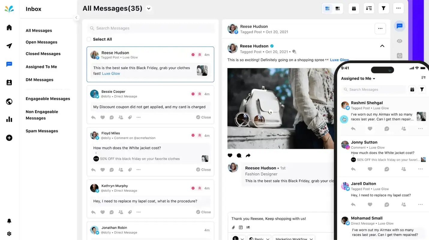 Sprinklr's Unified Inbox brings multiple social media inboxes in one preview.