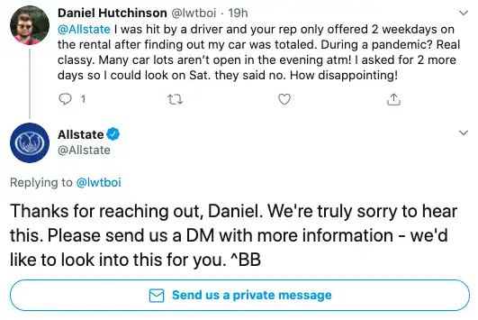 A screenshot of how Allstate insurance handles customer queries online.