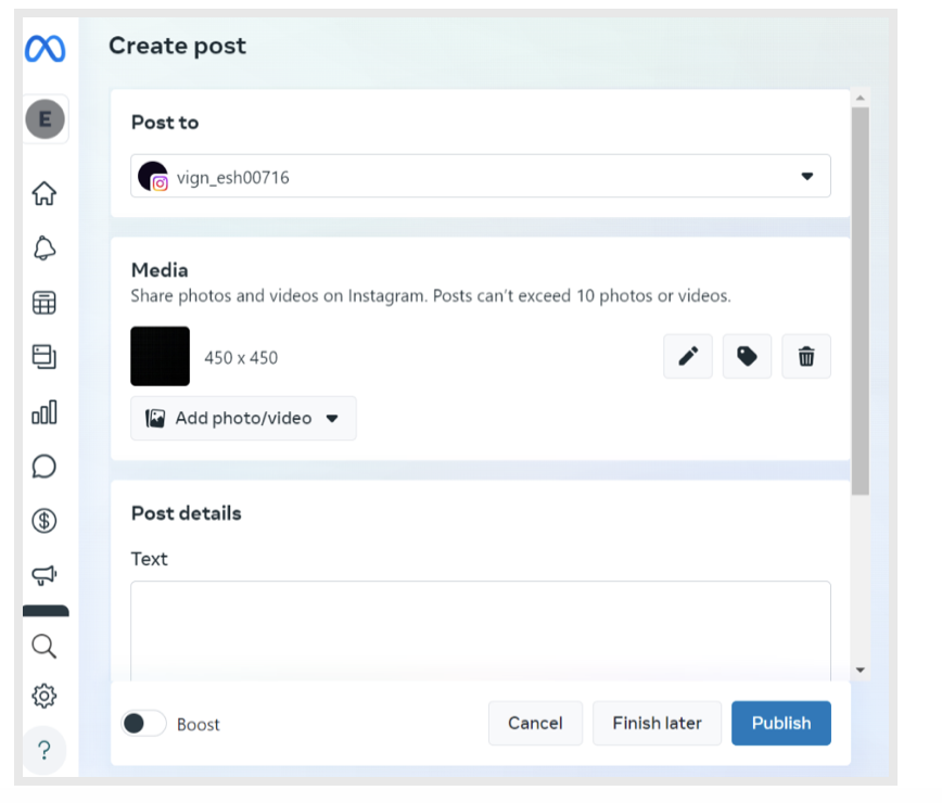 Meta Business Suite-s Create post page