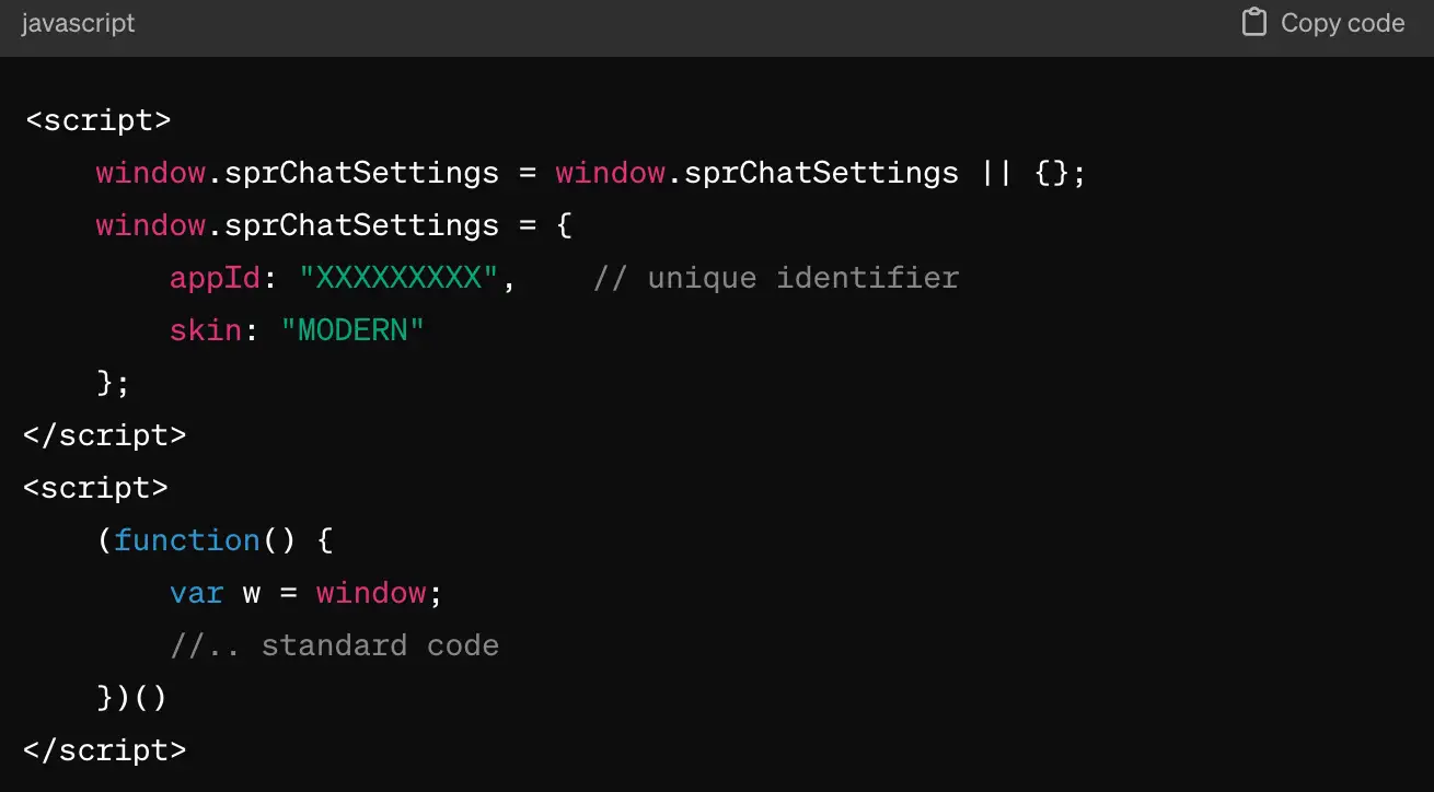 A sample JavaScript code snippet for embedding live chat application