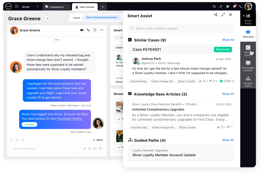 AI-powered knowledge base informs on pre-built workflows on Sprinklr to ensure customer service security