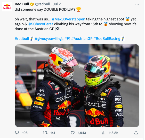 A Red Bull social media post about the Austrian GP and sponsored racers who placed