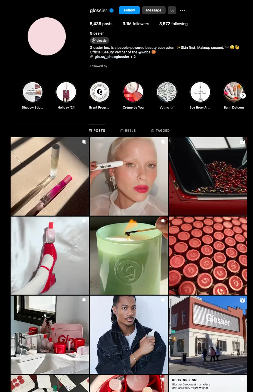 Glossier’s Instagram feed, prioritizing a clean aesthetic. 