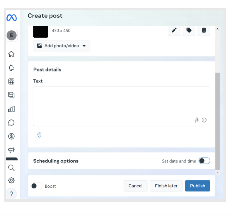 The post details box on Meta Business Suite-s Create post page