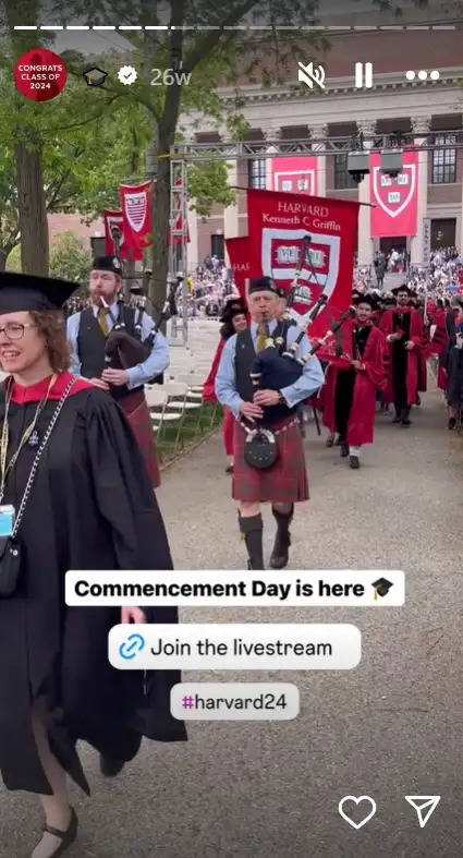 Harvard University’s Instagram Story showing Commencement Day on campus. 