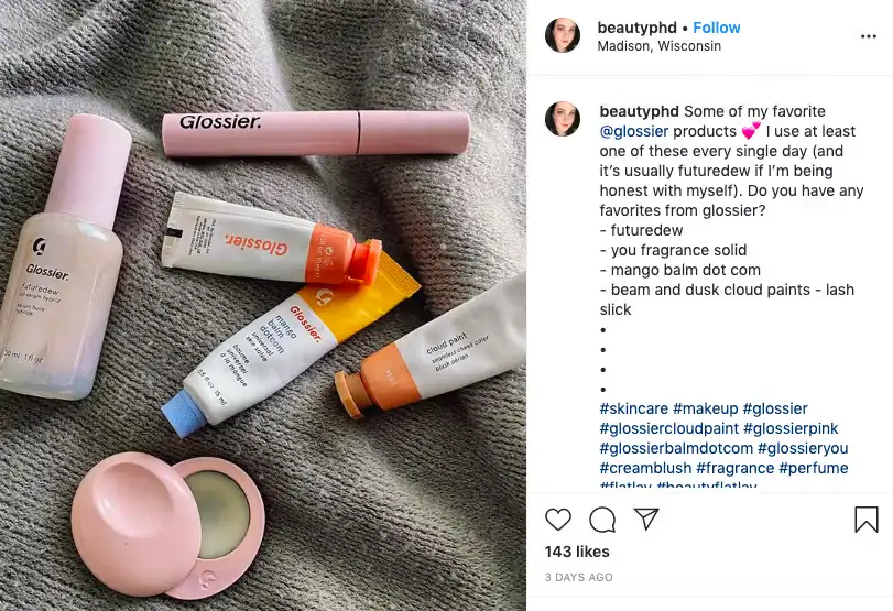 Screenshot of a community‑user post on social media referencing Glossier product in a candid lifestyle setting.