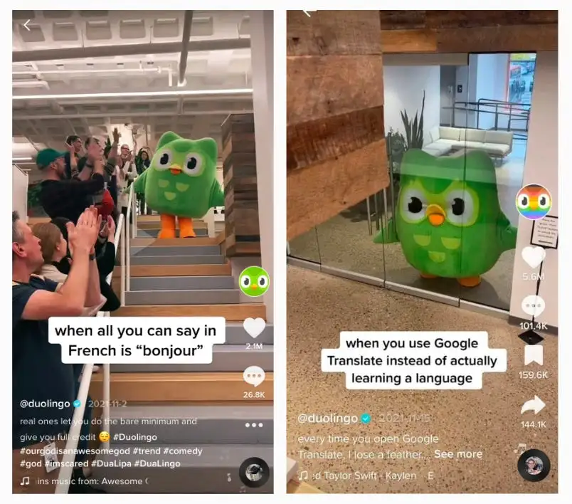 Duolingo implements a successful TikTok viral strategy using its mascot Duo on TikTok.