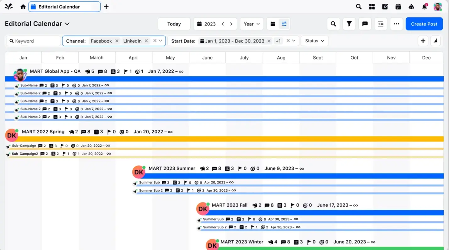 Sprinklr Unified Marketing Calendar displaying multi-channel campaign schedules. 
