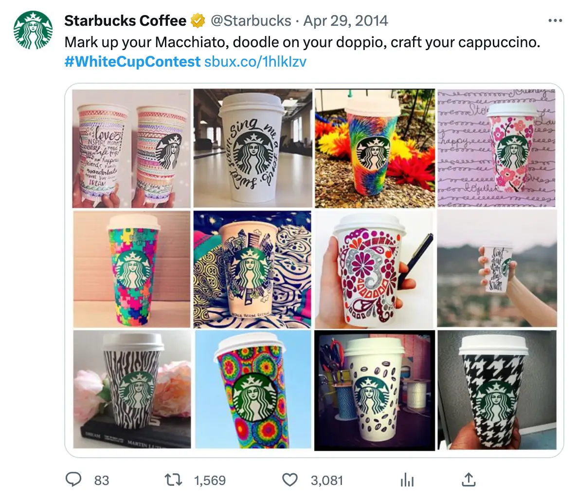 A Twitter post by Starbucks to amplify brand awareness via advocacy