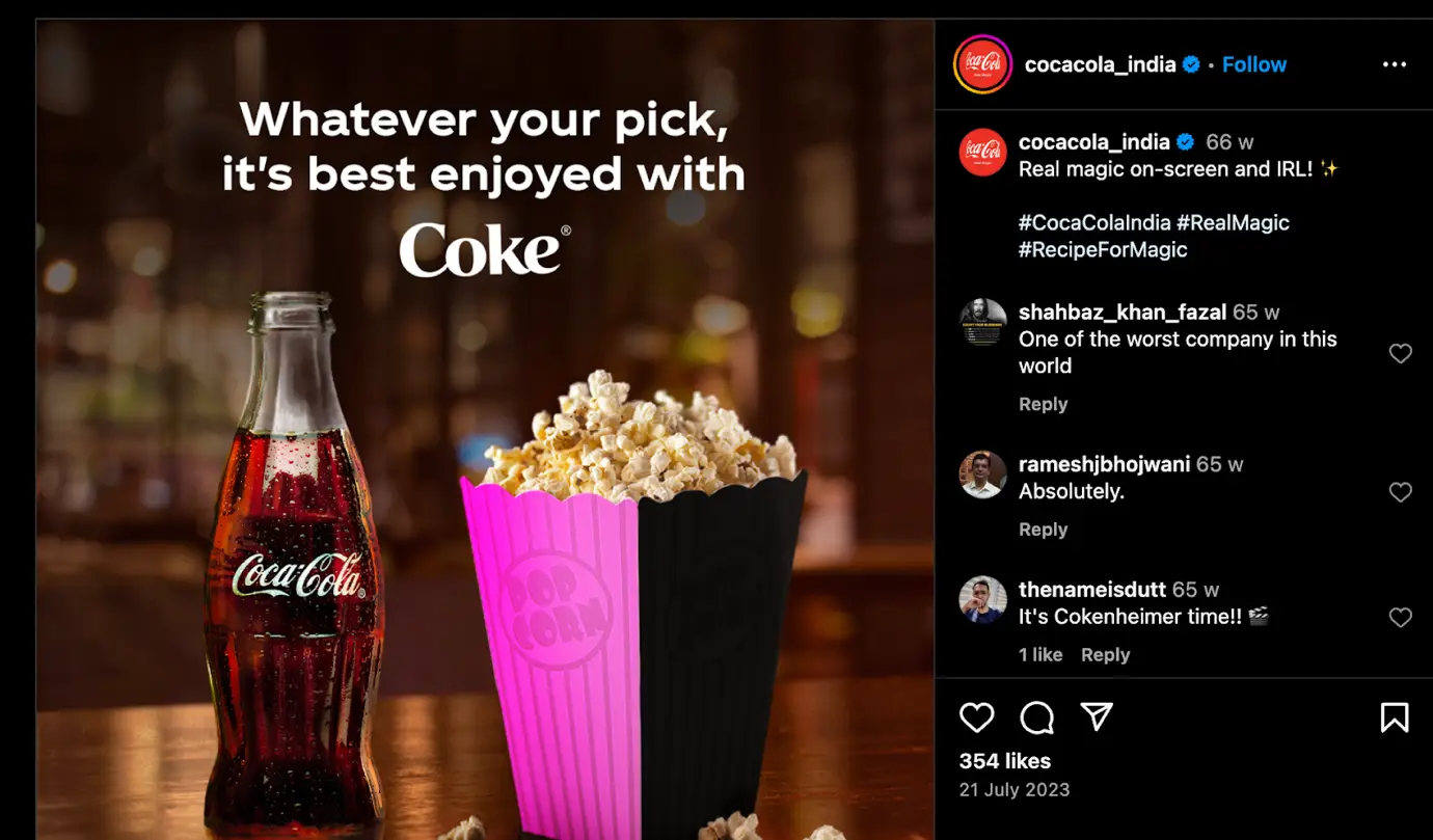 Coca-Cola’s Instagram post capitalizing on the ‘Barbenheimer’ phenomenon.
