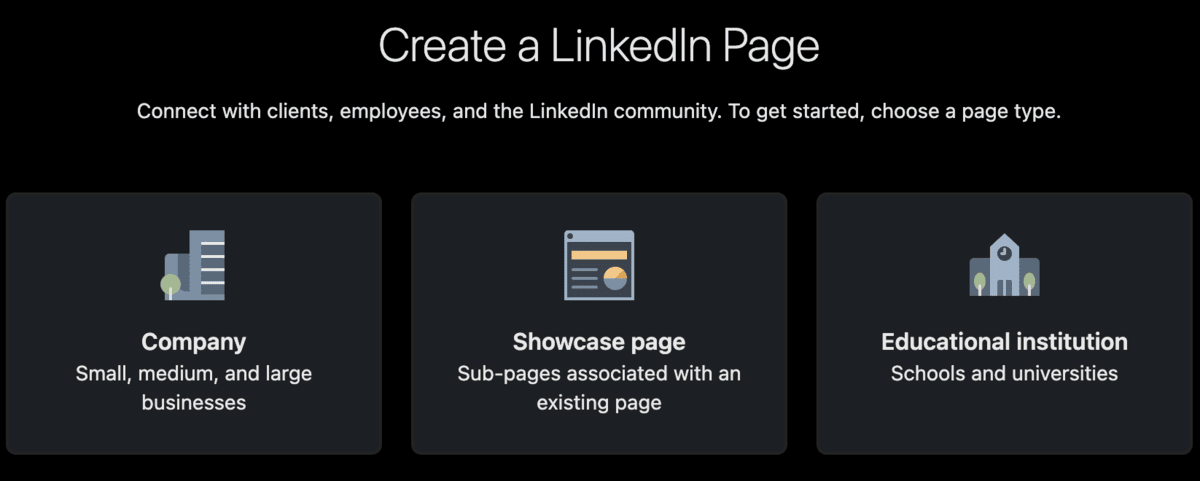 LinkedIn for Business sign up page allows to choose the desired page type