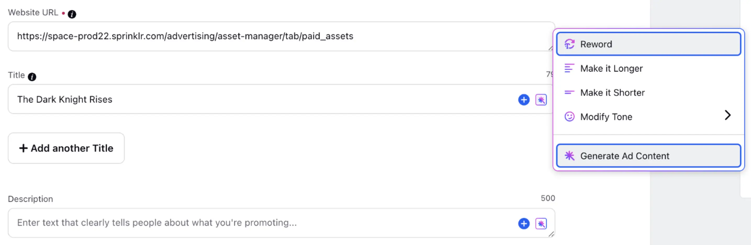 Sprinklr AI+ capabilities for social media content creation.