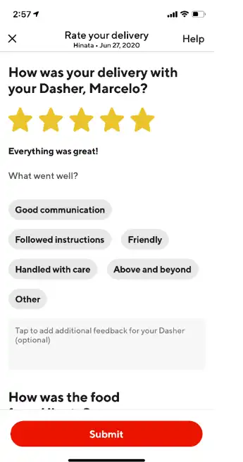 Title: Inserting image... - Description: Doordash's in-app survey to collect customer feedback on delivery service.