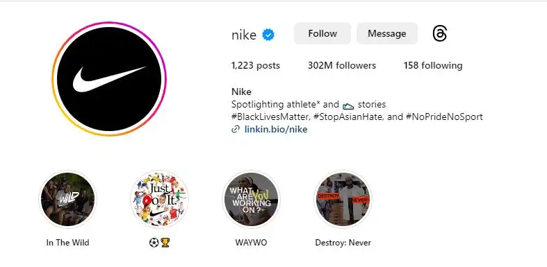 Nike's Instagram profile.