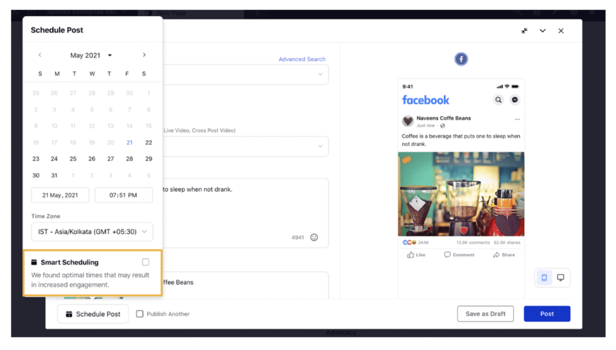 A Sprinklr platform screenshot displays Smart scheduling tool suggesting the optimal time for publishing a post on Facebook
