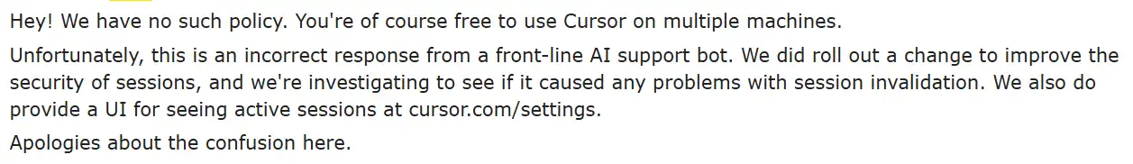 Cursor’s CEO issued an apology for the unempathetic response by their AI chatbot, Sam. 
