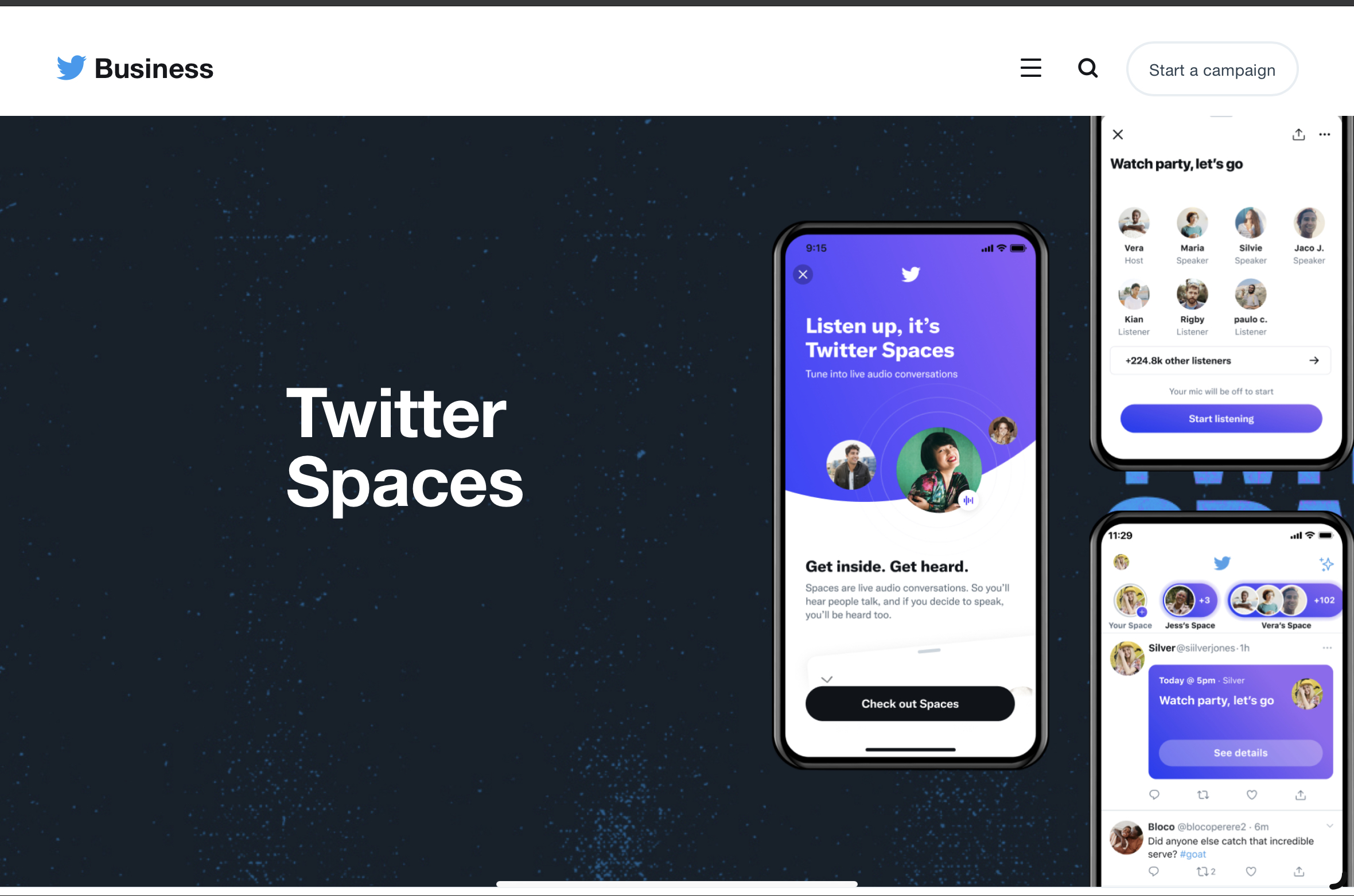 The landing page of Twitter Spaces on the Twitter website.