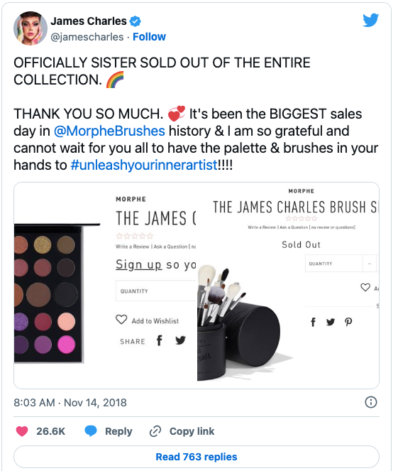 A social post by James Charles about how the Morphe products he was promoting sold out.